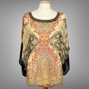 VTG KAY CELINE Womens Top L Snake Print Paisley  Kaftan Tunic Beaded 90s Y2K